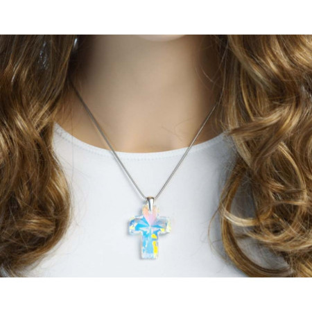 Stříbrný přívěsek - křížek, AB křišťál Swarovski