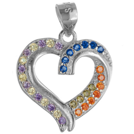 Stříbrný přívěsek - srdíčko, barevné kulaté zirkony