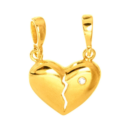 Pozlacený stříbrný přívěsek pro dva - srdíčko, čirý kulatý zirkon