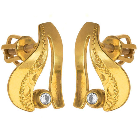 Pozlacené stříbrné náušnice - s ručním gravírem, čirý kulatý zirkon