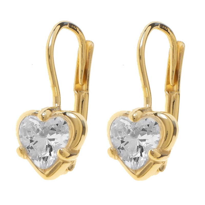 Pozlacené stříbrné náušnice - srdíčka, čirý zirkon ve tvaru srdíčka