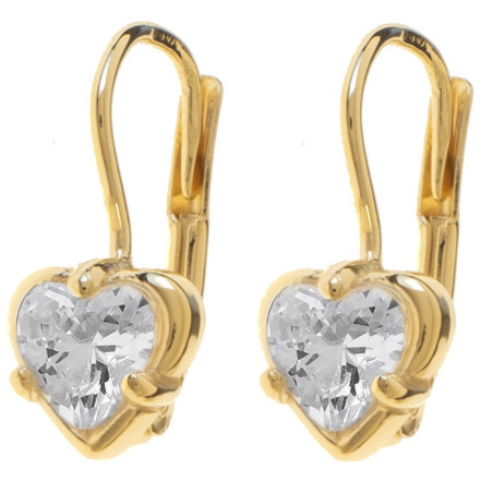 Pozlacené stříbrné náušnice - srdíčka, čirý zirkon ve tvaru srdíčka
