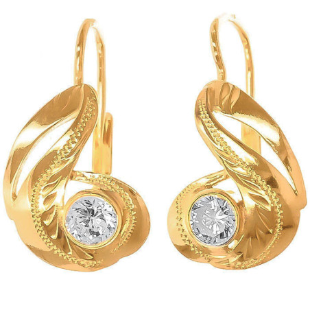 Pozlacené stříbrné náušnice - s ručním gravírem, čirý kulatý zirkon