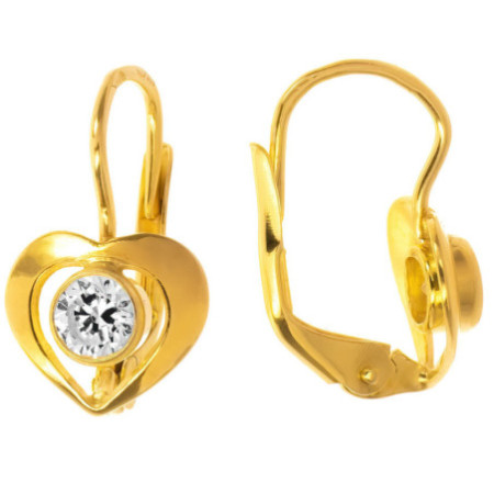 Pozlacené stříbrné náušnice - srdíčka, čirý kulatý zirkon
