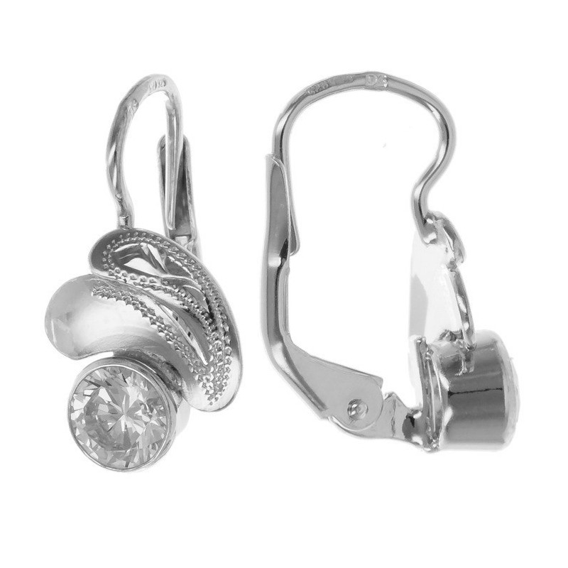 Stříbrné náušnice - s ručním gravírem, čirý kulatý zirkon