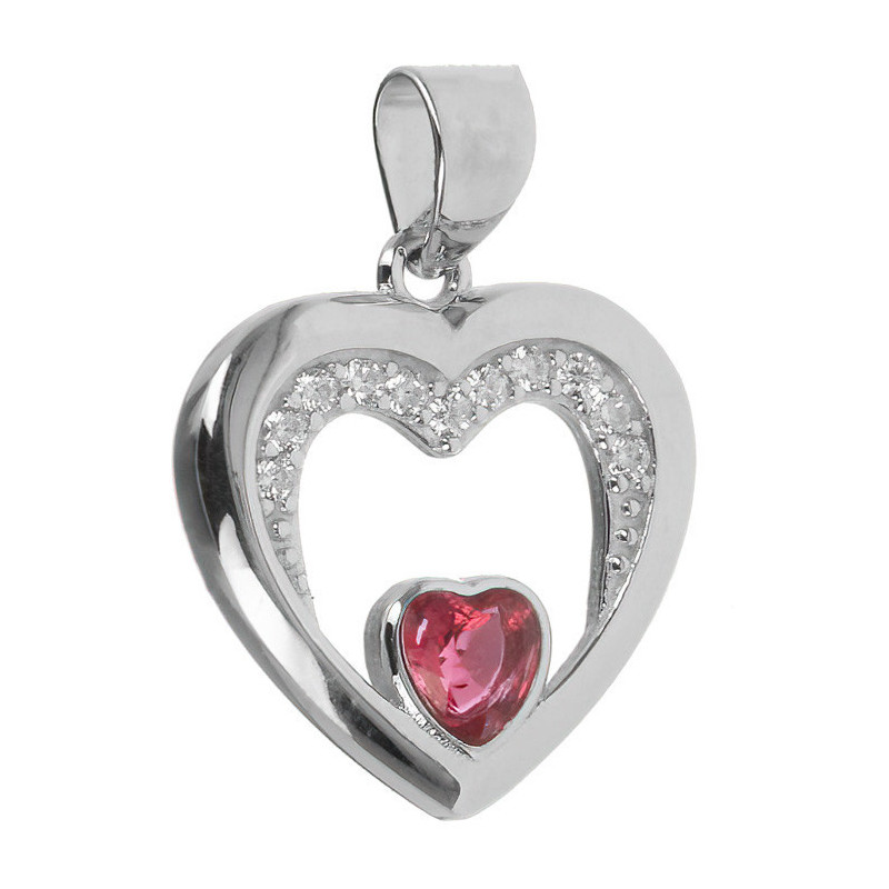 Stříbrný přívěsek - srdíčko, tmavě růžový zirkon ve tvaru srdíčka, čiré kulaté zirkony
