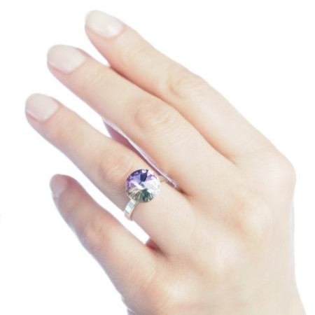 Stříbrný prsten - fialový kulatý křišťál Swarovski