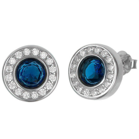 Stříbrné náušnice - modrý kulatý zirkon, čiré kulaté zirkony