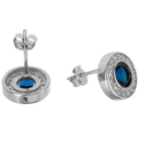 Stříbrné náušnice - modrý kulatý zirkon, čiré kulaté zirkony