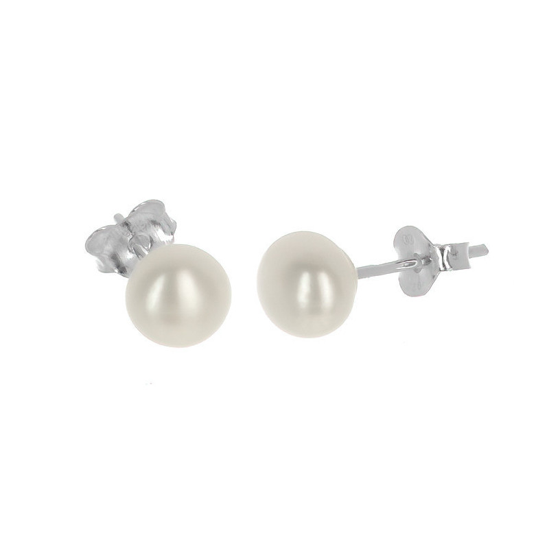 Stříbrné náušnice - bílá přírodní perla, velikost 6 mm