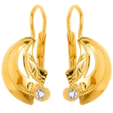 Pozlacené stříbrné náušnice - s ručním gravírem, čirý kulatý zirkon