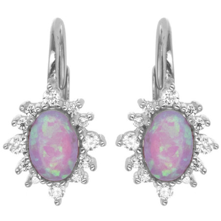 Stříbrné náušnice - oválný syntetický opál, čiré kulaté zirkony