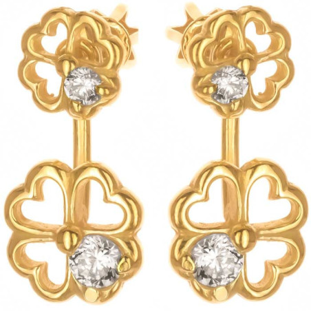 Pozlacené stříbrné náušnice dvojité - čtyřlístek, čiré kulaté zirkony