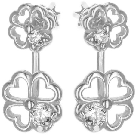 Stříbrné náušnice dvojité - čtyřlístek, čiré kulaté zirkony