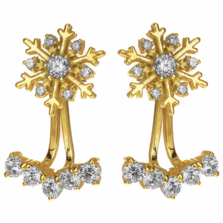 Pozlacené stříbrné náušnice dvojité - sněhová vločka, čiré kulaté zirkony