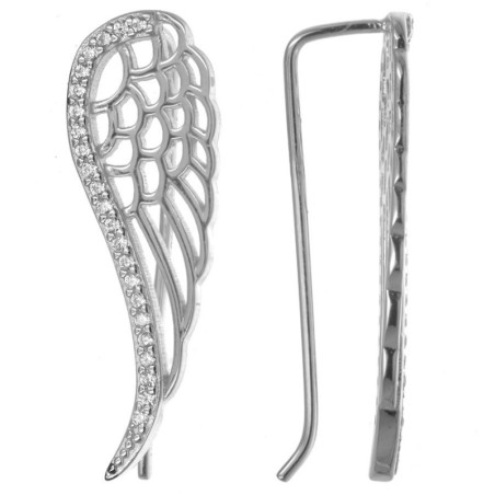 Stříbrné náušnice na lalok - andělské křídlo, čiré kulaté zirkony