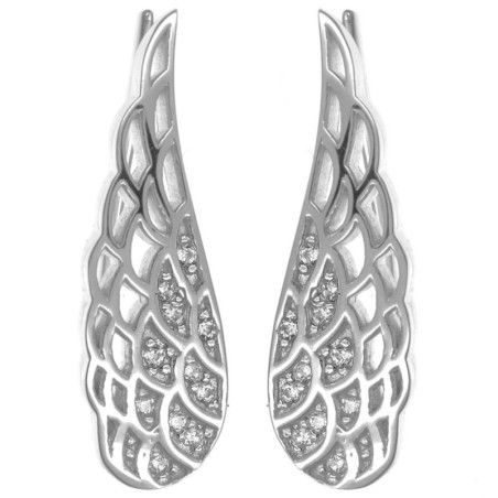 Stříbrné náušnice na lalok - andělské křídlo, čiré kulaté zirkony