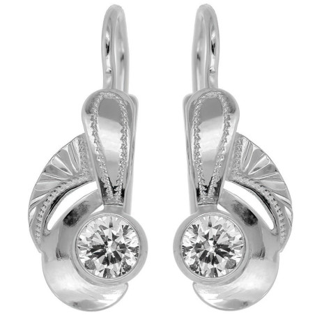 Stříbrné náušnice - s ručním gravírem, čirý kulatý zirkon