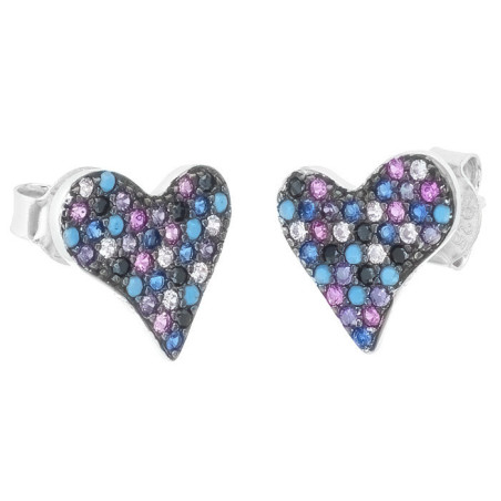 Stříbrné náušnice - srdíčka, barevné kulaté zirkony