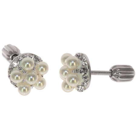 Stříbrné náušnice - čiré křišťály Swarovski, bílé syntetické perly