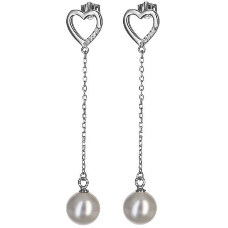 Stříbrné náušnice s řetízkem - srdíčka, bílá syntetická perla ve tvaru kuličky, čiré kulaté zirkony
