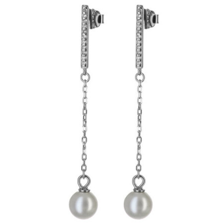 Stříbrné náušnice s řetízkem - bílá syntetická perla ve tvaru kuličky, čiré kulaté zirkony