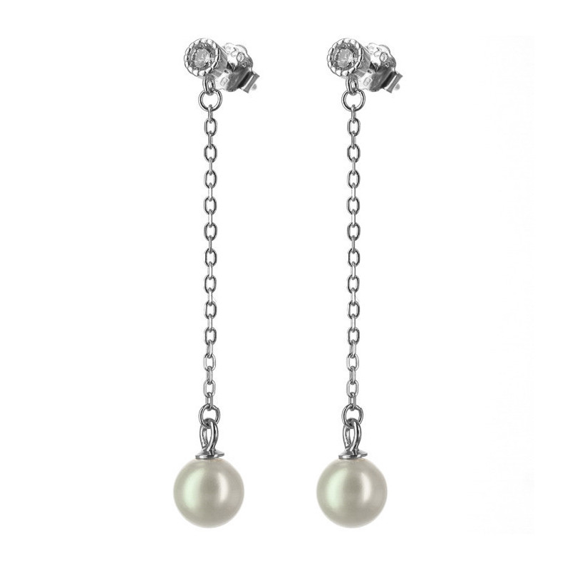 Stříbrné náušnice s řetízkem - bílá syntetická perla ve tvaru kuličky, čirý kulatý zirkon