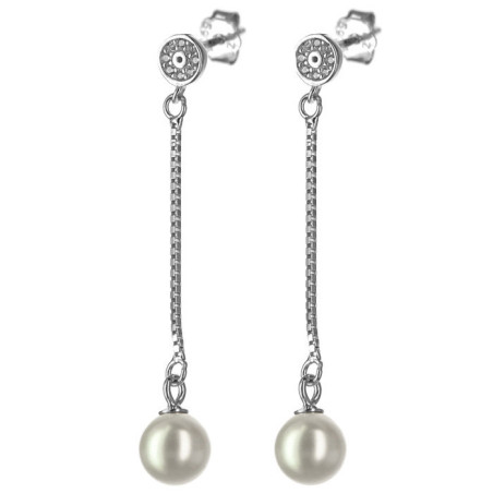 Stříbrné náušnice s řetízkem - bílá syntetická perla ve tvaru kuličky, čiré kulaté zirkony