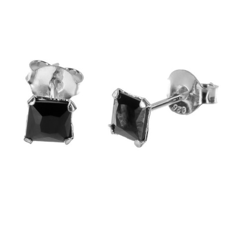 Stříbrné náušnice - černý zirkon ve tvaru čtverce, velikost 4 mm