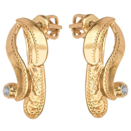 Pozlacené stříbrné náušnice - s ručním gravírem, čirý kulatý zirkon