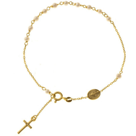 Zlatý náramek růženec - 1 desítek, křížek, Zázračná medailka, bílé syntetické perly ve tvaru kuličky, délka 19 a 21 cm