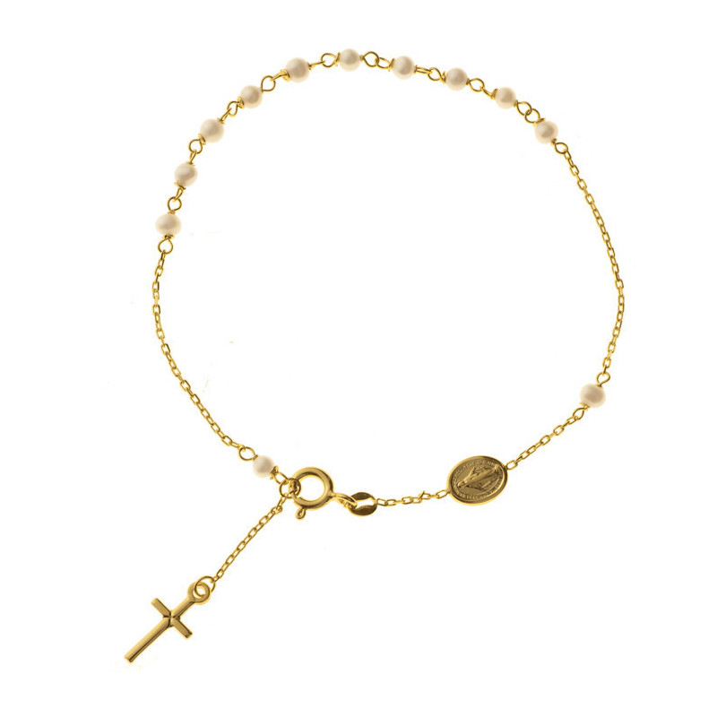Zlatý náramek růženec - 1 desítek, křížek, Zázračná medailka, bílé syntetické perly ve tvaru kuličky, délka 19 a 21 cm