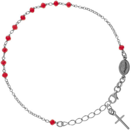 Stříbrný náramek růženec - 1 desítek, křížek, Zázračná medailka, červená plast, délka 20 až 24 cm