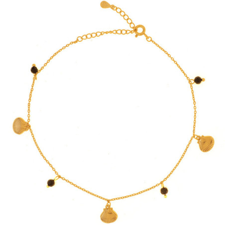 Pozlacený stříbrný náramek na nohu - mušle, černý zirkon, délka 22 až 26 cm