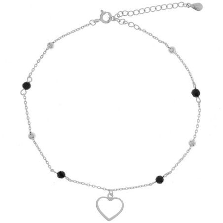 Stříbrný náramek na nohu - srdíčko, kulky, černé zirkony ve tvaru kuličky, délka 22 až 26 cm