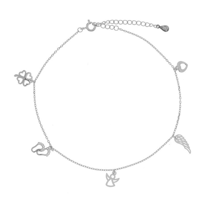 Stříbrný náramek na nohu - čtyřlístek, srdíčko, anděl, andělské křídlo, nožičky, délka 22 až 26 cm