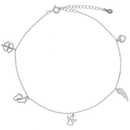 Stříbrný náramek na nohu - čtyřlístek, srdíčko, anděl, andělské křídlo, nožičky, délka 22 až 26 cm