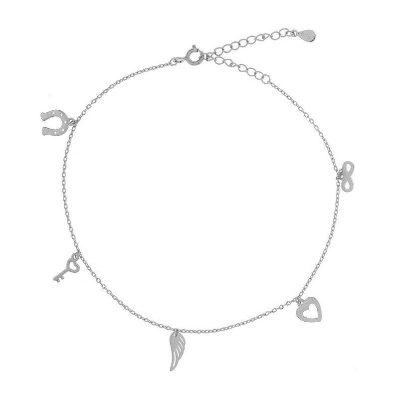 Stříbrný náramek na nohu - srdíčko, nekonečno, andělské křídlo, klíč, podkova, délka 22 až 26 cm