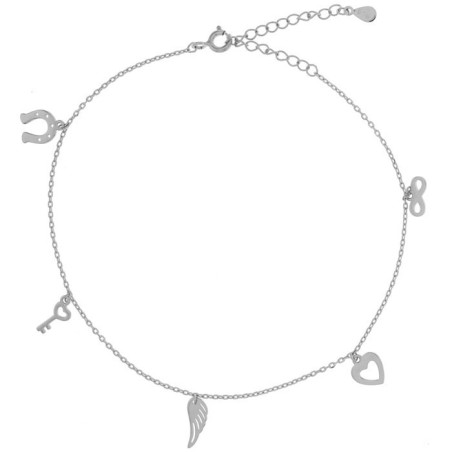 Stříbrný náramek na nohu - srdíčko, nekonečno, andělské křídlo, klíč, podkova, délka 22 až 26 cm