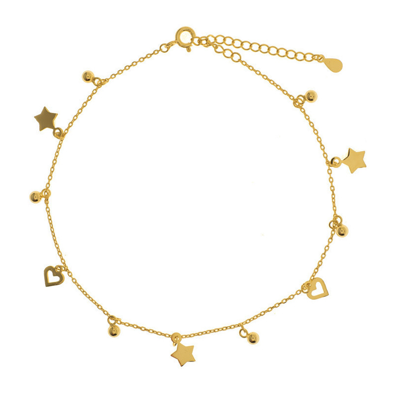 Pozlacený stříbrný náramek na nohu - srdíčka, kulky, hvězdičky, délka 22 až 26 cm