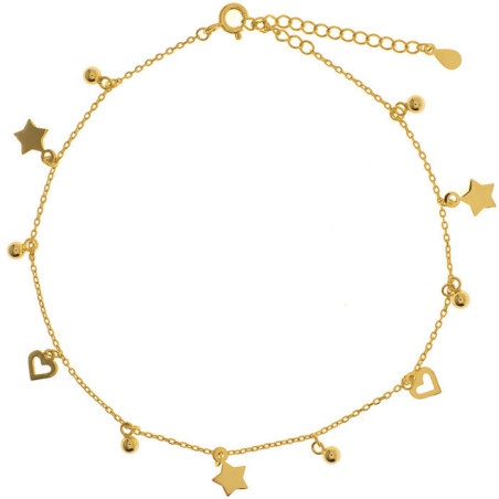 Pozlacený stříbrný náramek na nohu - srdíčka, kulky, hvězdičky, délka 22 až 26 cm