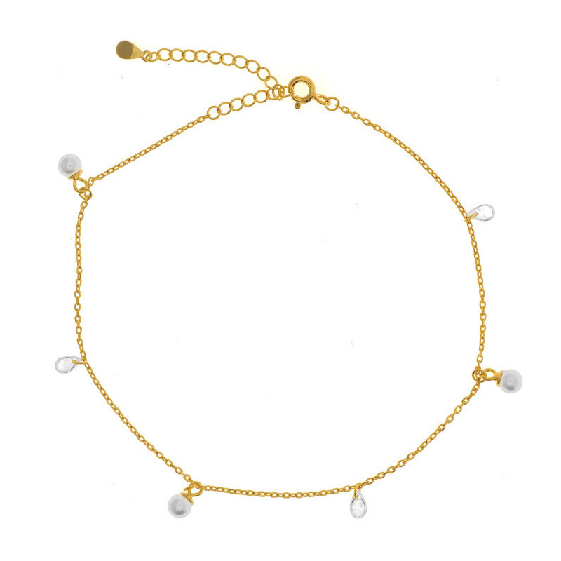 Pozlacený stříbrný náramek na nohu - bílé syntetické perly ve tvaru kuličky, čiré zirkony ve tvaru slzy, délka 22 až 26 cm
