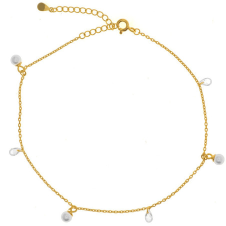Pozlacený stříbrný náramek na nohu - bílé syntetické perly ve tvaru kuličky, čiré zirkony ve tvaru slzy, délka 22 až 26 cm