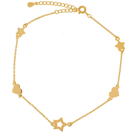 Pozlacený stříbrný náramek na nohu - srdíčka, hvězdičky, délka 22 až 26 cm