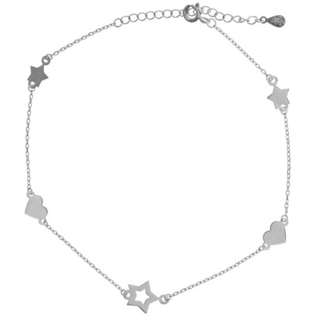 Stříbrný náramek na nohu - srdíčka, hvězdičky, délka 22 až 26 cm