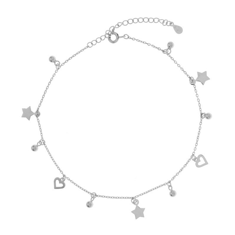 Stříbrný náramek na nohu - s diamantově broušenými válečky, délka 22 až 26 cm