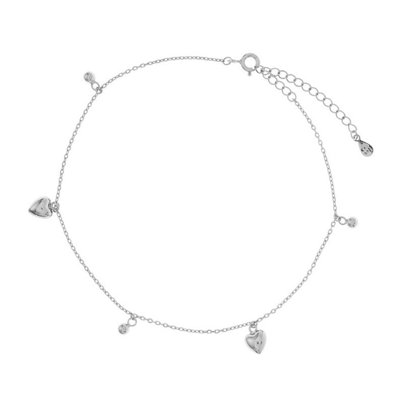 Stříbrný náramek na nohu - srdíčka, kulky, délka 22 až 26 cm