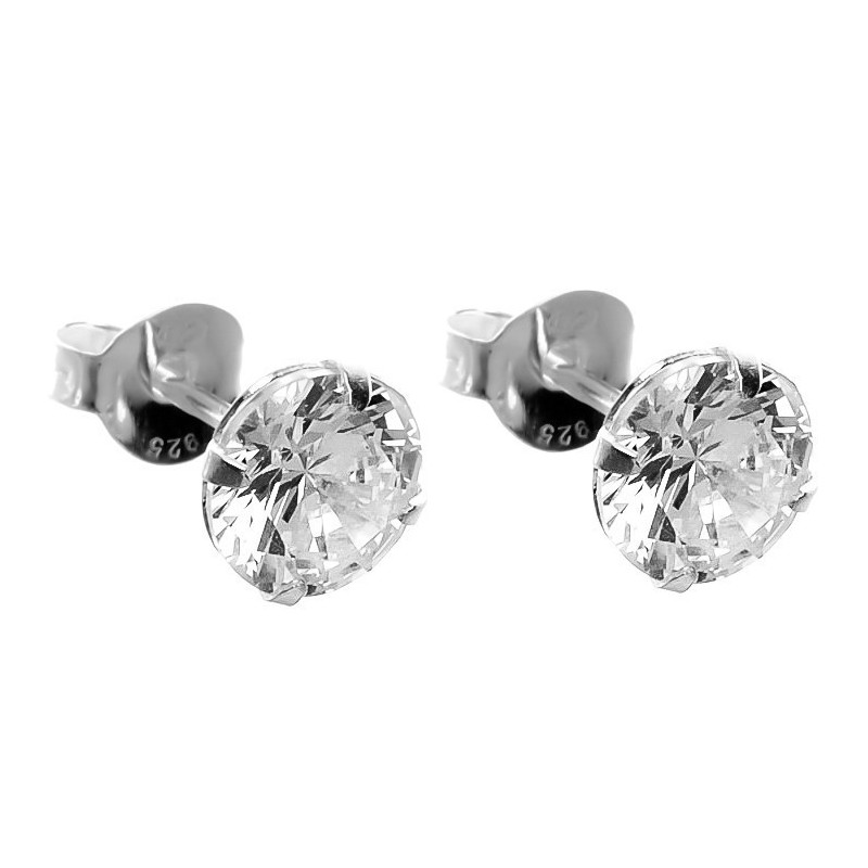 Stříbrné náušnice - čirý kulatý zirkon, velikost 6 mm