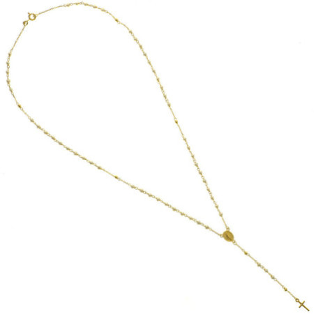 Zlatý náhrdelník - růženec, bílé syntetické perly ve tvaru kuličky, délka 50 cm