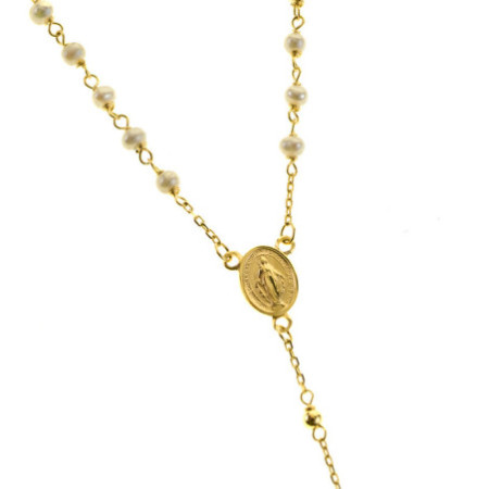 Zlatý náhrdelník - růženec, bílé syntetické perly ve tvaru kuličky, délka 50 cm